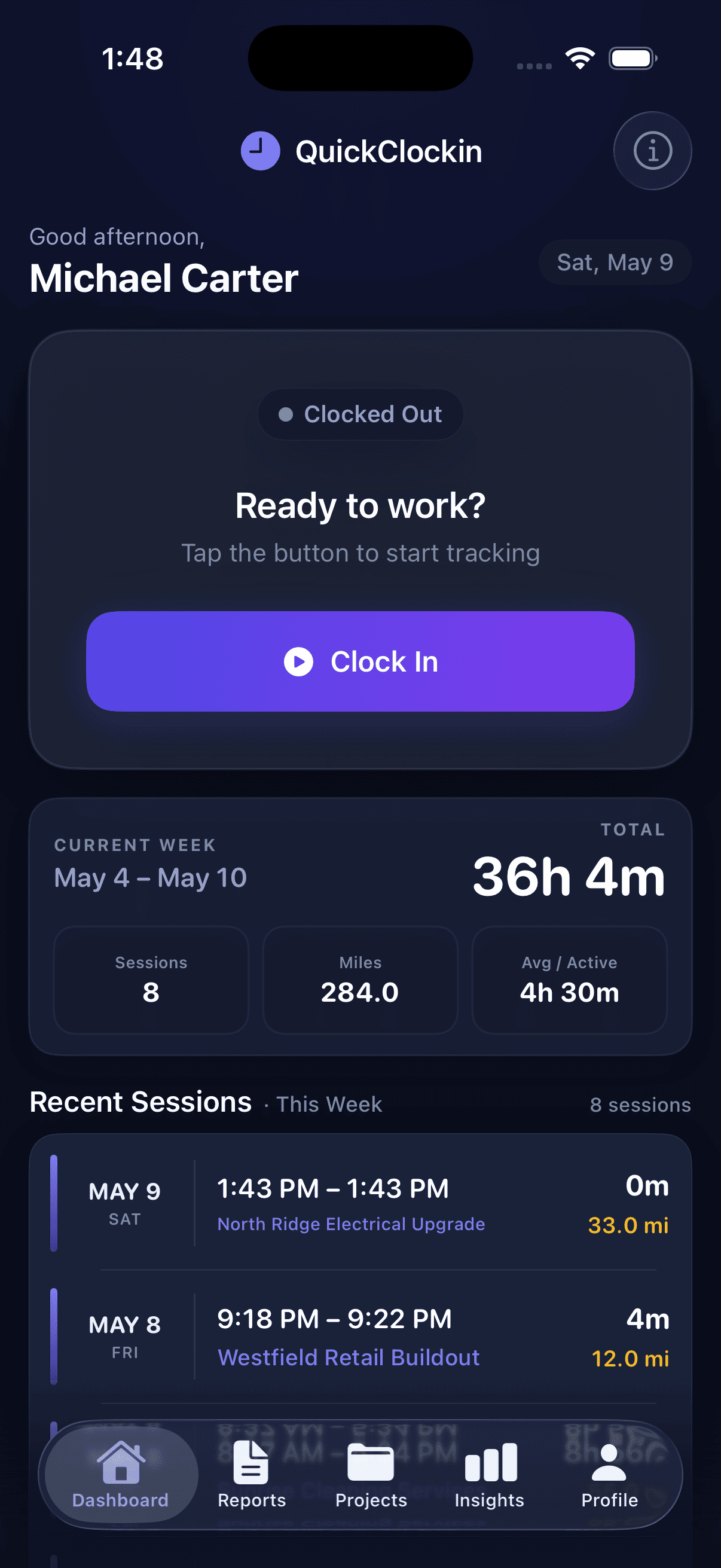 QuickClockin mobile app — clock in screen with weekly summary