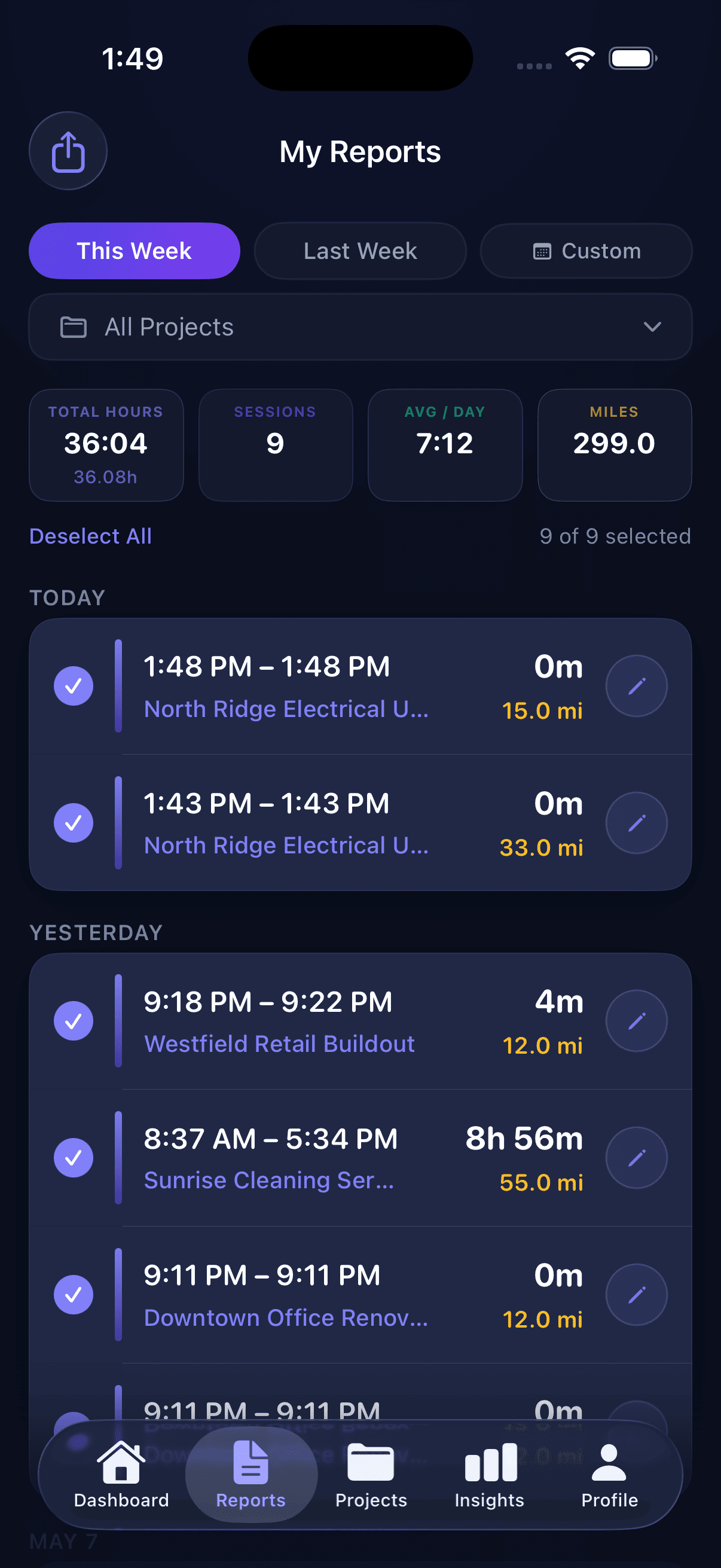 QuickClockin mobile app dashboard with daily summary